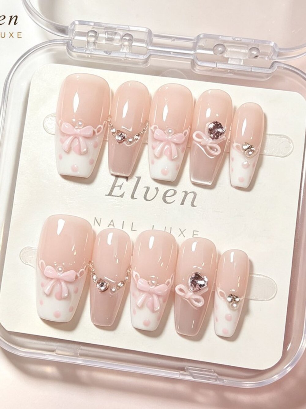 Sweet Coquette Medium Coffin Press On Nails | Pink Bow Heart Rhinestone Reusable